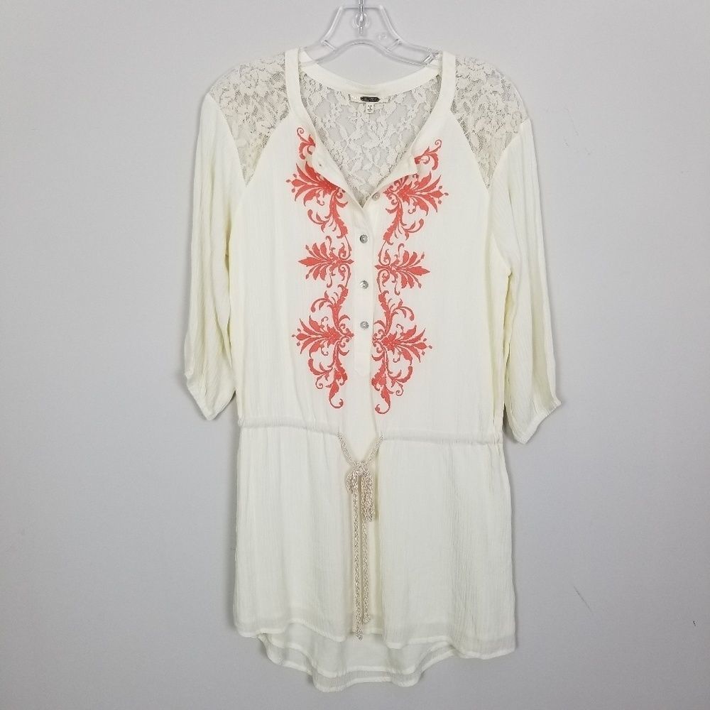 Miss Me Yellow Lace Embroidered Botton Up Tunic S